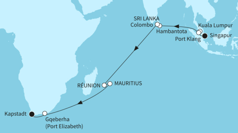 22 Nächte - Indischer Ozean mit Mauritius - ab Singapur/bis Kapstadt 22 Nächte - Indischer Ozean mit Mauritius - ab Singapur/bis Kapstadt