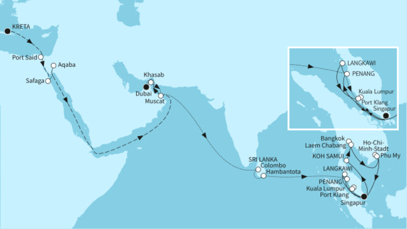 45 Nächte - Weltentdecker-Route - ab Heraklion/bis Singapur