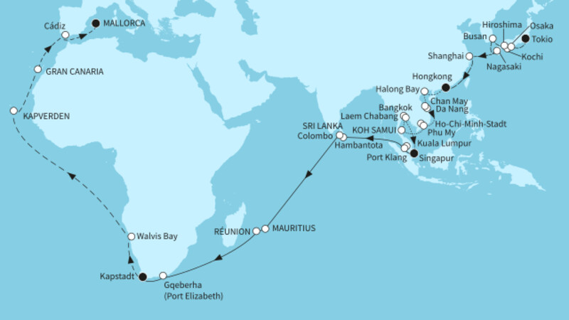 69 Nächte - Große Weltentdecker-Route - ab Tokio/bis Palma 69 Nächte - Große Weltentdecker-Route - ab Tokio/bis Palma