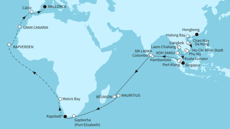 55 Nächte - Große Weltentdecker-Route - ab Hongkong/bis Palma 55 Nächte - Große Weltentdecker-Route - ab Hongkong/bis Palma