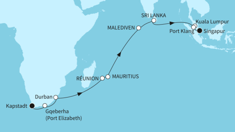 25 Nächte - Indischer Ozean mit Mauritius - ab Kapstadt/bis Singapur 25 Nächte - Indischer Ozean mit Mauritius - ab Kapstadt/bis Singapur