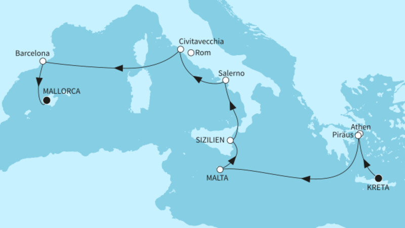 10 Nächte - Mediterrane Höhepunkte und Inselschönheiten - ab Heraklion/bis Palma 10 Nächte - Mediterrane Höhepunkte und Inselschönheiten - ab Heraklion/bis Palma