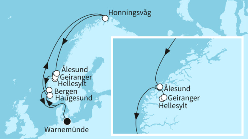11 Nächte - Norwegens Fjordwelten und Nordkap - ab/bis Warnemünde