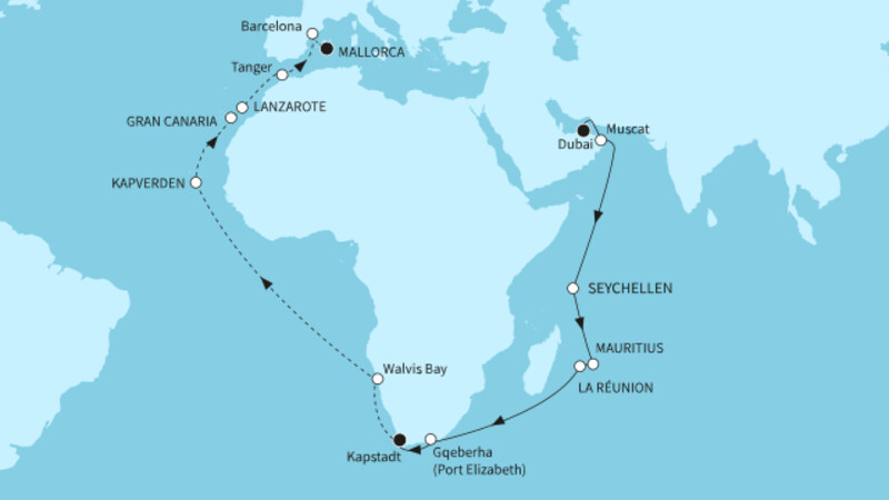 40 Nächte - Weltentdecker-Route - ab Dubai/bis Palma 40 Nächte - Weltentdecker-Route - ab Dubai/bis Palma