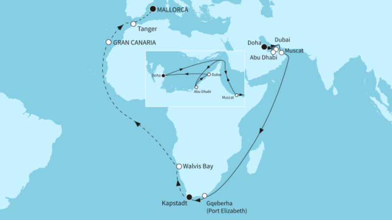 44 Nächte - Weltentdecker-Route - ab Doha/bis Palma 44 Nächte - Weltentdecker-Route - ab Doha/bis Palma