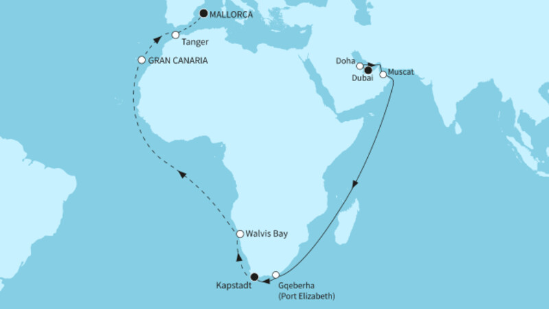39 Nächte - Weltentdecker-Route - ab Dubai/bis Palma 39 Nächte - Weltentdecker-Route - ab Dubai/bis Palma