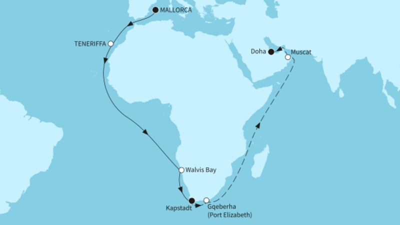 37 Nächte - Rund um Afrika in den Orient - ab Palma/bis Doha 37 Nächte - Rund um Afrika in den Orient - ab Palma/bis Doha