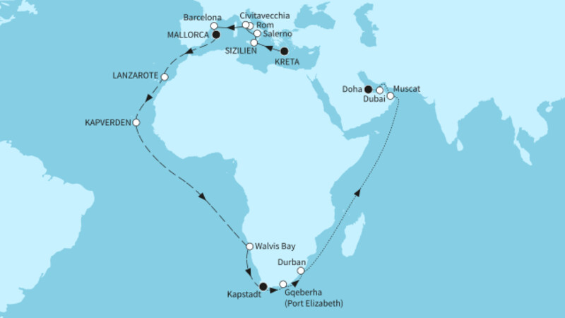 43 Nächte - Weltentdecker-Route - ab Heraklion/bis Doha 43 Nächte - Weltentdecker-Route - ab Heraklion/bis Doha