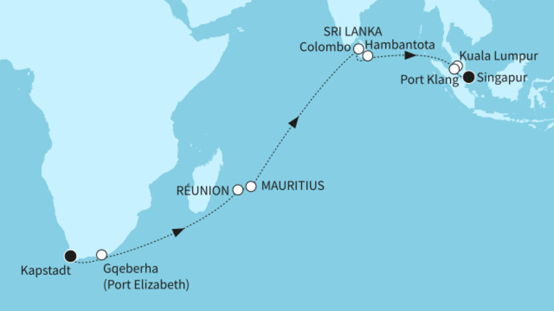 23 Nächte - Adults Only: Indischer Ozean mit Mauritius - ab Kapstadt/bis Singapur 23 Nächte - Adults Only: Indischer Ozean mit Mauritius - ab Kapstadt/bis Singapur