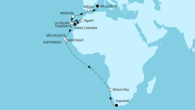 27 Nächte - Auf Entdeckerspuren nach Südafrika - ab Palma/bis Kapstadt 27 Nächte - Auf Entdeckerspuren nach Südafrika - ab Palma/bis Kapstadt