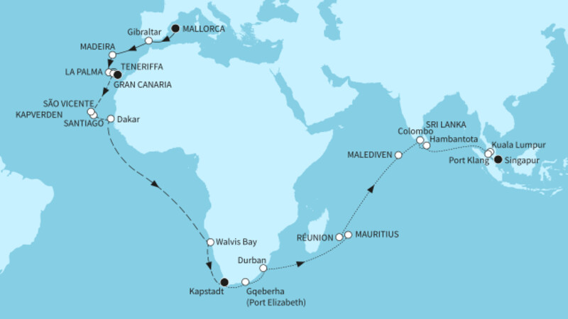 52 Nächte - Große Weltentdecker-Route - ab Palma/bis Singapur 52 Nächte - Große Weltentdecker-Route - ab Palma/bis Singapur