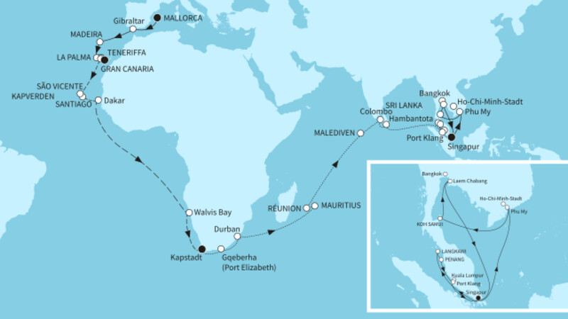 66 Nächte - Große Weltentdecker-Route - ab Palma/bis Singapur 66 Nächte - Große Weltentdecker-Route - ab Palma/bis Singapur