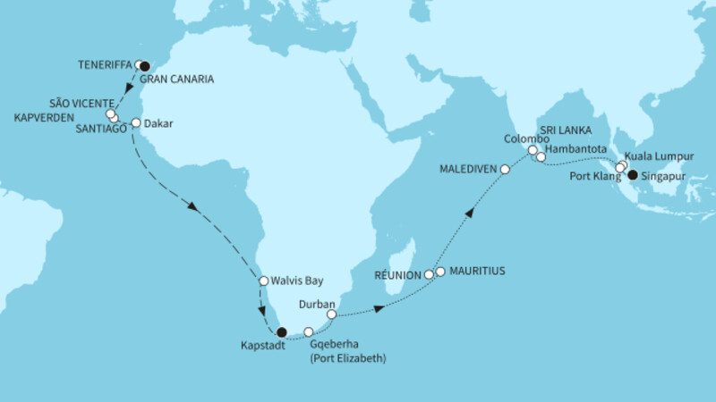 45 Nächte - Weltentdecker-Route - ab Las Palmas/bis Singapur 45 Nächte - Weltentdecker-Route - ab Las Palmas/bis Singapur