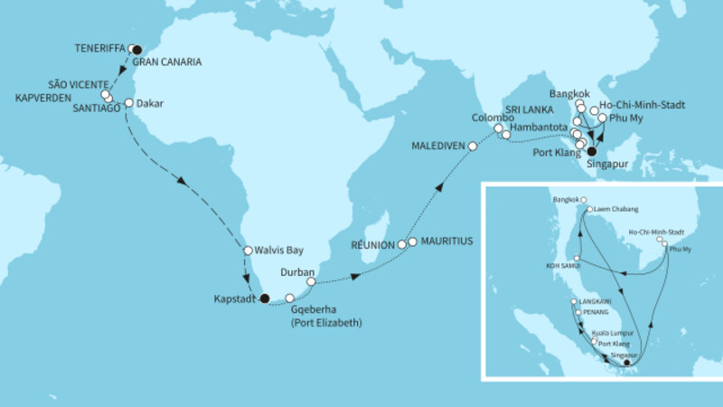59 Nächte - Große Weltentdecker-Route - ab Las Palmas/bis Singapur 59 Nächte - Große Weltentdecker-Route - ab Las Palmas/bis Singapur