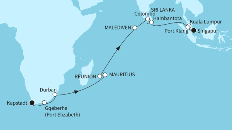 25 Nächte - Indischer Ozean mit Mauritius - ab Kapstadt/bis Singapur 25 Nächte - Indischer Ozean mit Mauritius - ab Kapstadt/bis Singapur