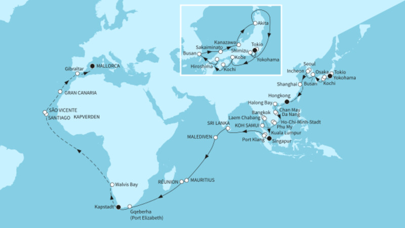 86 Nächte - Große Weltentdecker-Route - ab Tokio/bis Palma 86 Nächte - Große Weltentdecker-Route - ab Tokio/bis Palma