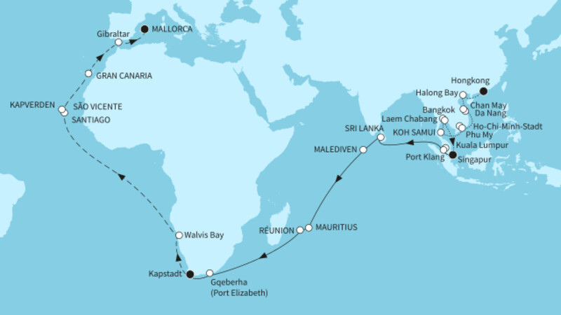57 Nächte - Große Weltentdecker-Route - ab Hongkong/bis Palma 57 Nächte - Große Weltentdecker-Route - ab Hongkong/bis Palma