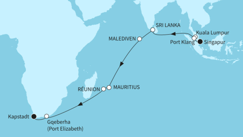 22 Nächte - Indischer Ozean mit Mauritius - ab Singapur/bis Kapstadt 22 Nächte - Indischer Ozean mit Mauritius - ab Singapur/bis Kapstadt