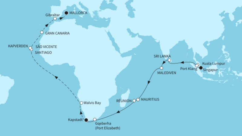 43 Nächte - Weltentdecker-Route - ab Singapur/bis Palma 43 Nächte - Weltentdecker-Route - ab Singapur/bis Palma