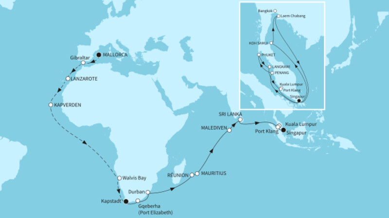 57 Nächte - Große Weltentdecker-Route - ab Palma/bis Singapur 57 Nächte - Große Weltentdecker-Route - ab Palma/bis Singapur