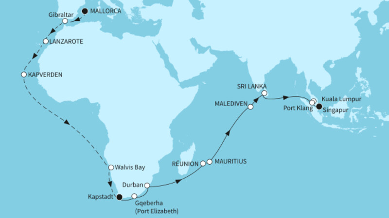 44 Nächte - Weltentdecker-Route - ab Palma/bis Singapur 44 Nächte - Weltentdecker-Route - ab Palma/bis Singapur