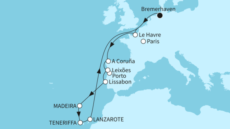 17 Nächte - Westküste Europas und Kanaren - ab/bis Bremerhaven 17 Nächte - Westküste Europas und Kanaren - ab/bis Bremerhaven