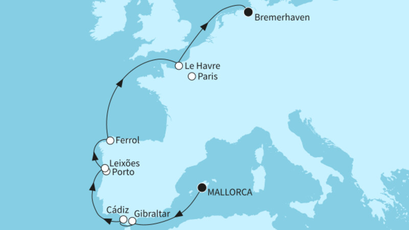 10 Nächte - Die Sonnenseiten Westeuropas - ab Palma/bis Bremerhaven 10 Nächte - Die Sonnenseiten Westeuropas - ab Palma/bis Bremerhaven