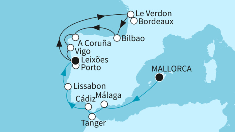 14 Nächte - Europas Sonnenseite und die Schönheiten der Westküste - ab Palma/bis Leixões (Porto) 14 Nächte - Europas Sonnenseite und die Schönheiten der Westküste - ab Palma/bis Leixões (Porto)